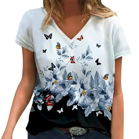 

KmaiSchai Women S T-Shirts Women Pullover V Neck Vintage Print Street Short Sleeve T Shirt Top Scrub Star Women T Shirt Longsleeve