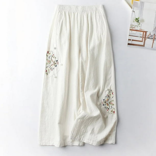 WILLBEST Pantalones Casuales Para Mujer, Culottes de Mujer, Pantalones de Pierna Ancha de Mezcla de Lino, Pantalones Palazzo Casuales Con Cintura Elástica y Bolsillos, Capri Para Un Uso Diario Cómodo.