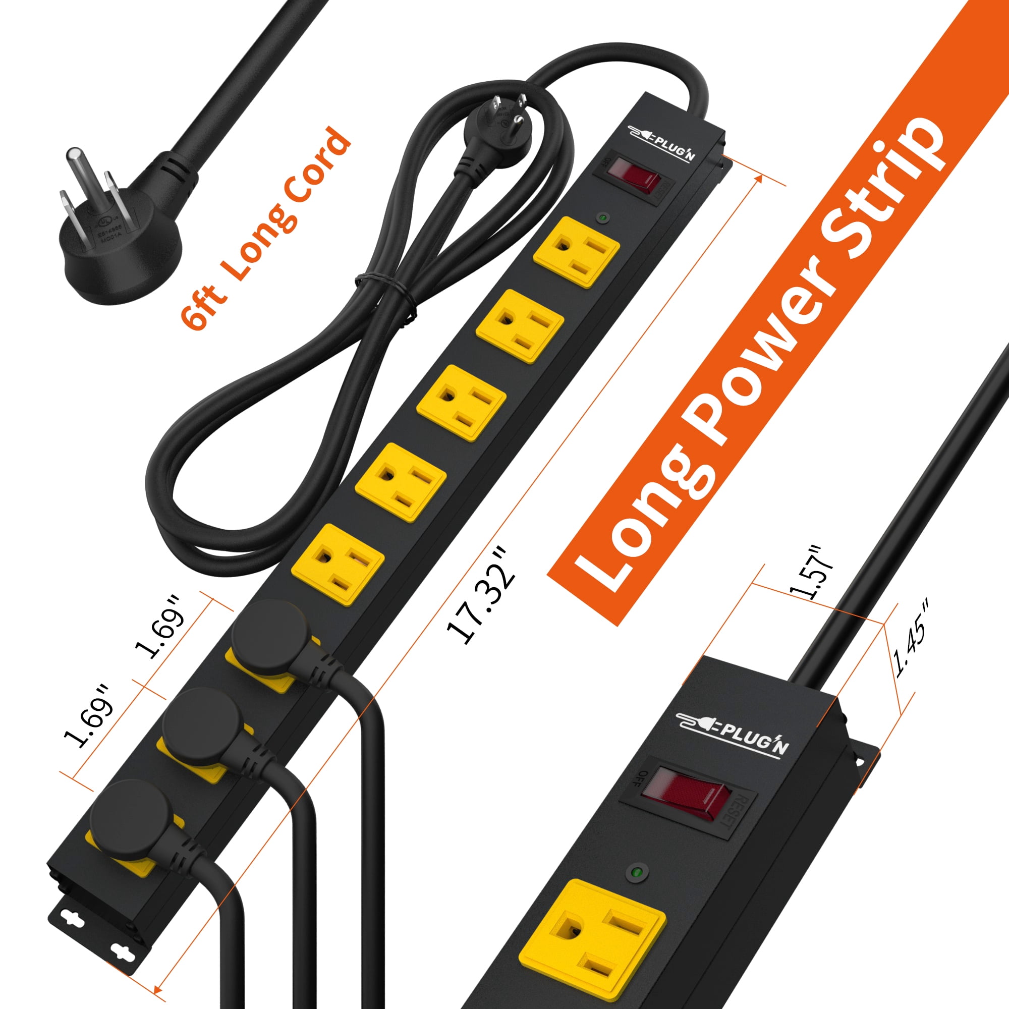 8 Outlet Long Power Strip, 2100J Surge Protector Heavy Duty 6FT Cord Wide Spaced and Wall Mount Metal Powerstrip for Home Office Garage Workshop