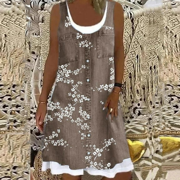 Floenr Summer Dresses for Women,Women Fashion Casual Sexy Round-Neck Floral Printing Fake Two-Piece Dress