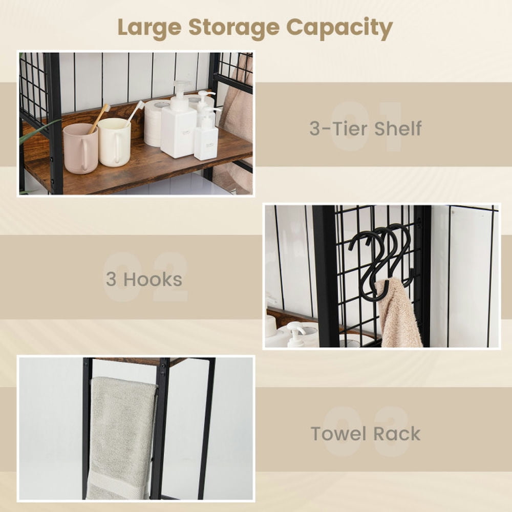 Finihen Toilet Storage Rack, Towel Rack, Towel Holder, 3-Tier Over-the-Toilet Storage Rack with 3 Hooks, for Bathroom, Rustic Brown