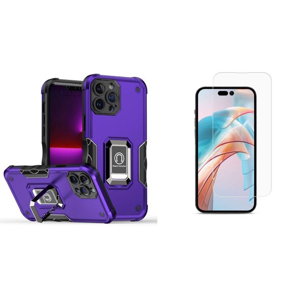 Bemz Phone Case for iPhone 15 Plus with Tempered Glass Screen Protector, Camera Protection Heavy Duty Shockproof Protection Magnetic Mount Stand Cover (Dark Purple)