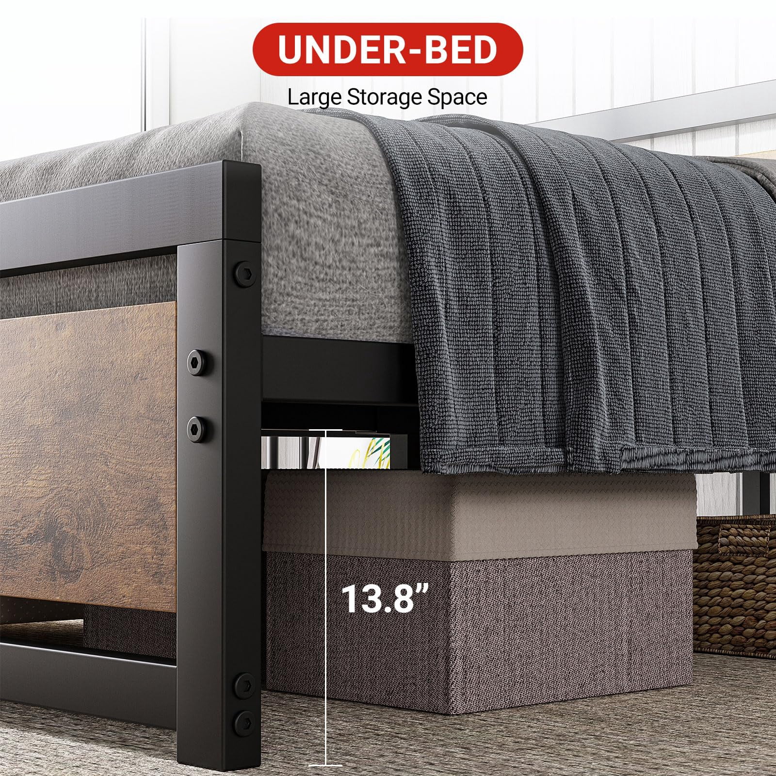 KOKEBREN King Size Bed Frame, Industrial King Platform Bed with Headboard No Box Spring Needed,Brown
