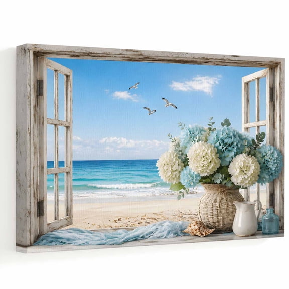 Summer Coastal Canvas Wall Art, Window Blue White Hydrangea Flower Ocean Beach Wall Art Prints Artwork Framed Canvas Ready to Hang Art Pictures for Bathroom Nightstand, Narrow Hallway 14" x 11"