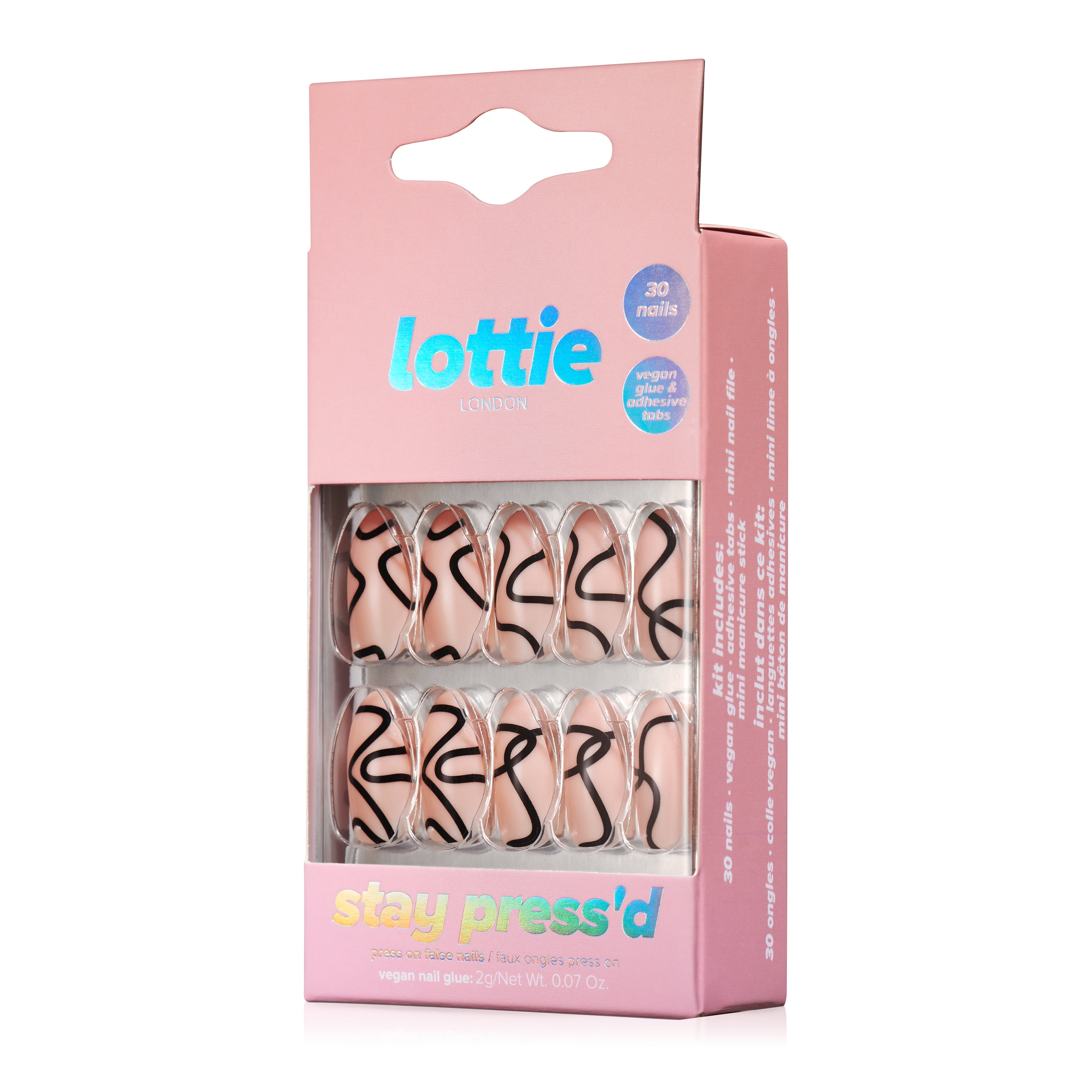 Lottie London Stay Press'd, Press On Nails Set, Pale Pink-squareletto shape, Abstract Swirl, 30 nails