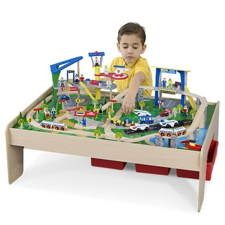 Natural Train Table With 120-Piece Train Set and Storage Bins