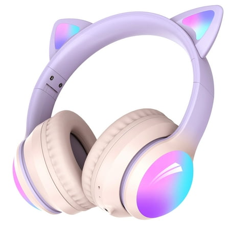 Kids Headphones for Girls Boys, Kid Odyssey Cat Ear Wireless Headphones, LED Light up Bluetooth over Ear Headphones for Toddler Boy Girl Teen Children