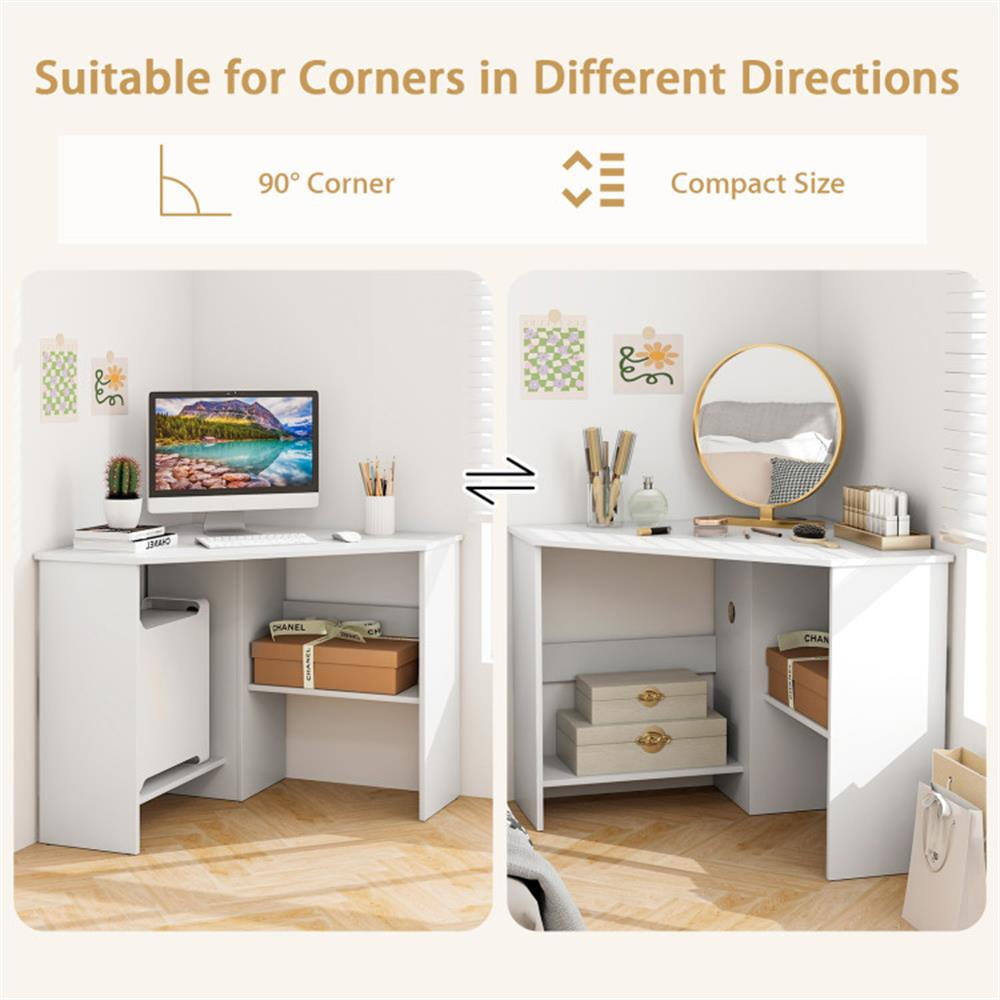 Demi Bonn Corner Computer Desk Triangle Writing Workstation with Storage Shelf, Small Home Office Desk Study Gaming Table, White