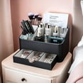 thumbnail image 5 of Leather Makeup Organizer with Drawer, Cosmetic Storage for Dresser Countertop and Bathroom Vanity, Beauty Holder for Lipstick Brush Skincare (Black), 5 of 9