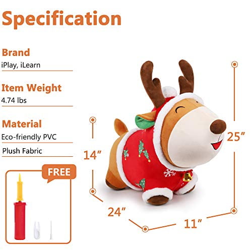 Kid Boy Girl Toddler iPlay iLearn Bouncy Pals Christmas Reindeer Hopper Plush Ride on Hopping Toy W/ Bell Xmas Gift for 18 24 Month 2 3 4 Year Olds Inflatable Indoor n Outdoor Jump Bouncy Horse 