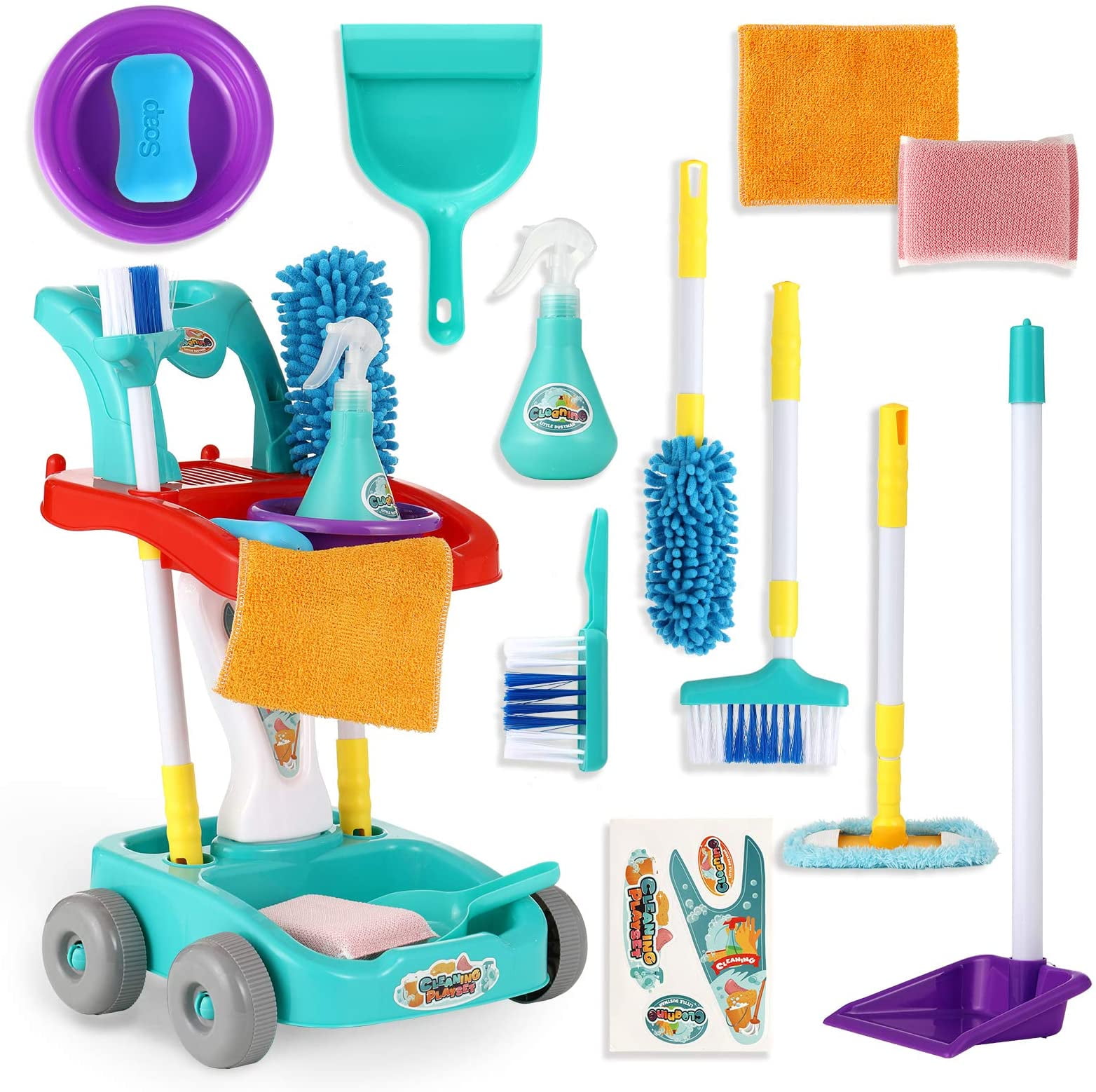 Kids Prentend Play Floor Mop Cleaning Toy Gift for Toddlers Girls Boys Green 