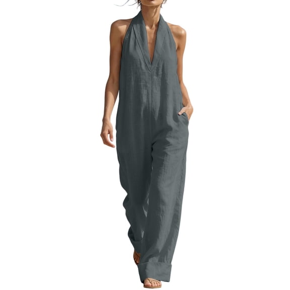 Beach Vacation Jumpsuits for Women Halter Neck Sleeveless Linen Rompers Summer Travel Wide Leg Jumpsuit Gray, 2XL