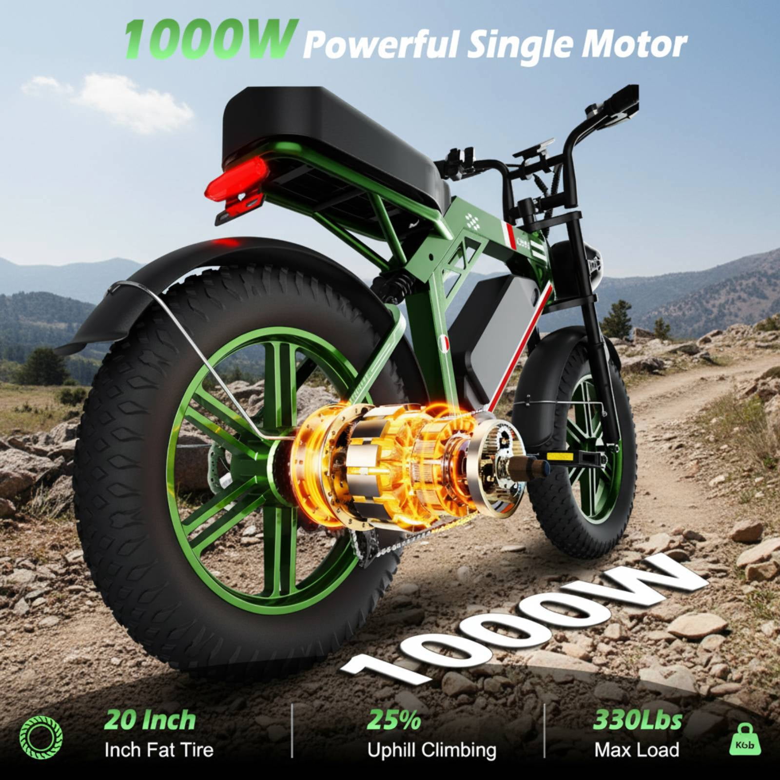 EggKing C200 1000W Electric Bike for Adults, 20" Fat Tire E-Mountain Bikes, 48V 17.5Ah 31MPH Electric Bicycle, Full Suspension UL2849 Green