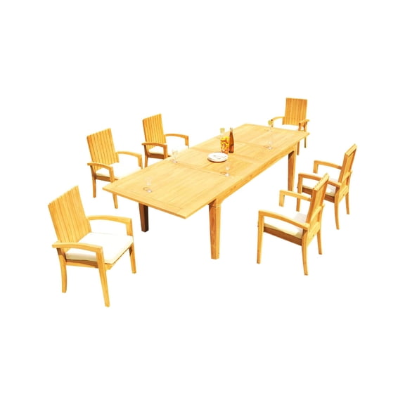 Grade-A Teak Dining Set: 6 Seater 7 Pc: 122" Caranas Rectangle Table And 6 Goa Stackng Arm Chairs Outdoor Patio WholesaleTeak #51GO2907