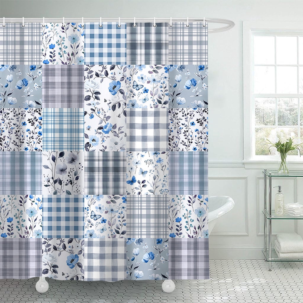 Cute Plaid Floral Shower Curtain, Boho Blue Flower Fabric Shower Curtains for Bathroom, Retro Blue Floral Checkered Patchwork Bath Curtain Set Washable Waterproof with 12Hooks,70X75in