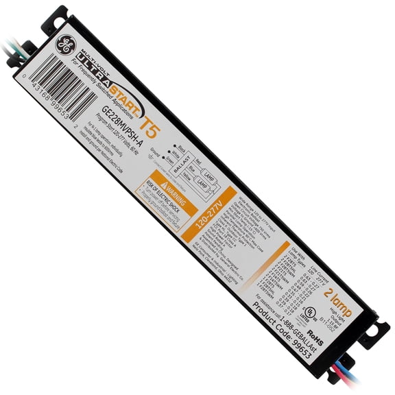 GE GE228-MVPSH-A Fluorescent Ballast, 2-Lamp, 28W, T5 F28T5, 120-277V