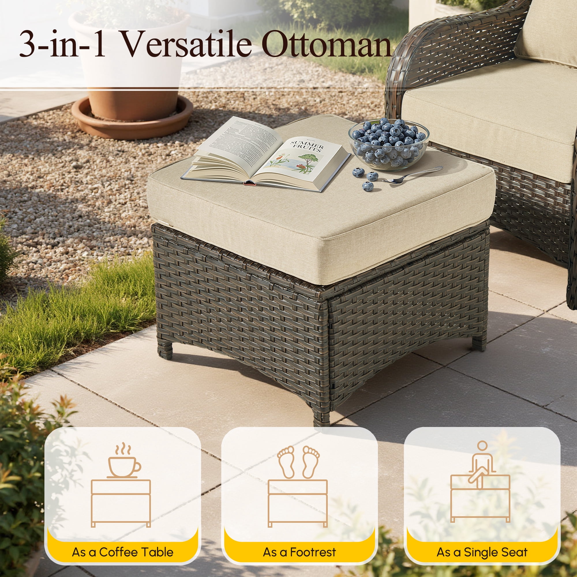 Vcatnet 6 Pieces Outdoor Patio Furniture Wicker High-Back Conversation Set with Swivel Rocking Chairs and Ottoman, Beige
