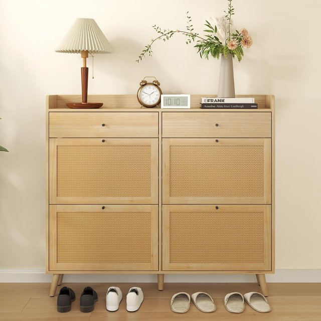 Royalbelle Large Rattan Shoe Cabinet Storage with 4 Flip & 2 Drawers, Freestanding