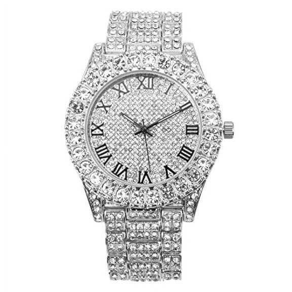 Charles Raymond Mens Big Rocks Blinged Out Bezel with Color Roman Numerals Big Face Iced Out Rollie Luxury Look Hip Hop Wristwatch - ST10327 RN Single (Silver Royal BLK R#)