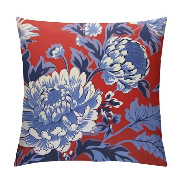 Creowell Thibaut Honshu Red and Blue Chinoiserie Floral Decorative Pillow Cover Dot Cushion Cover Vintage Farmhouse Pillow Modern Home Decor Toss Pillow