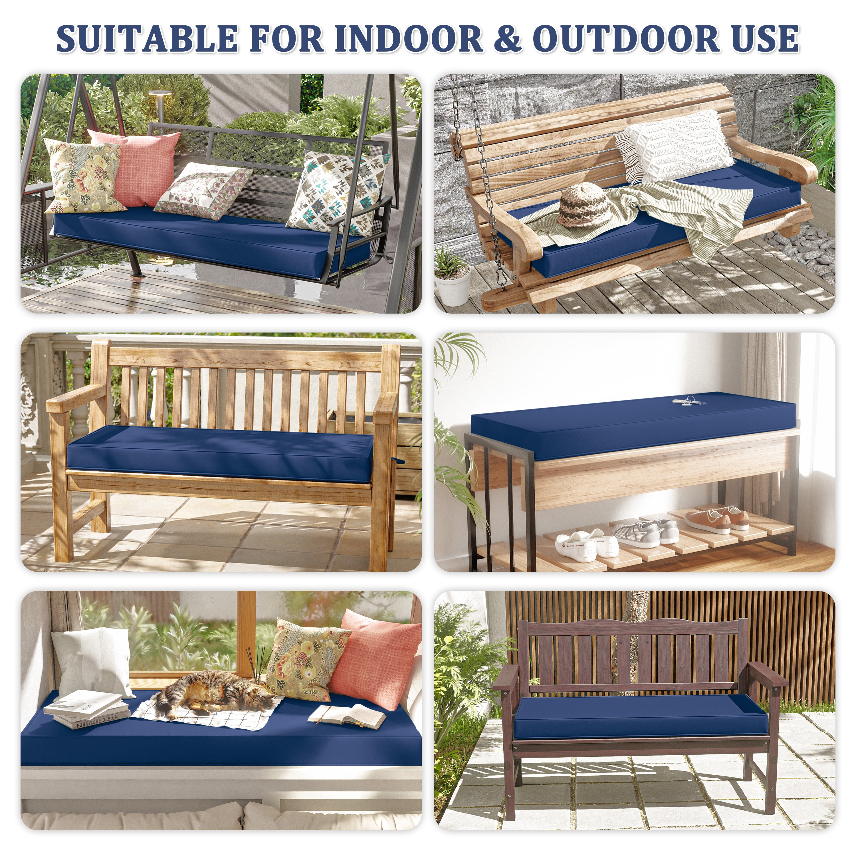 Kimunuk Outdoor Bench Cushion 60 x 18 x 3.5 Inch, Memory Foam Bench Cushion Waterproof Porch Swing Pad for Patio Furniture with Strap, Blue