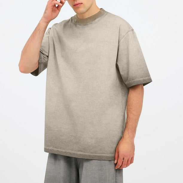 Playera Elvqul Caballero de Color Sólido Caqui Manga Corta Gym Algodón Cuello Redondo Casuales
