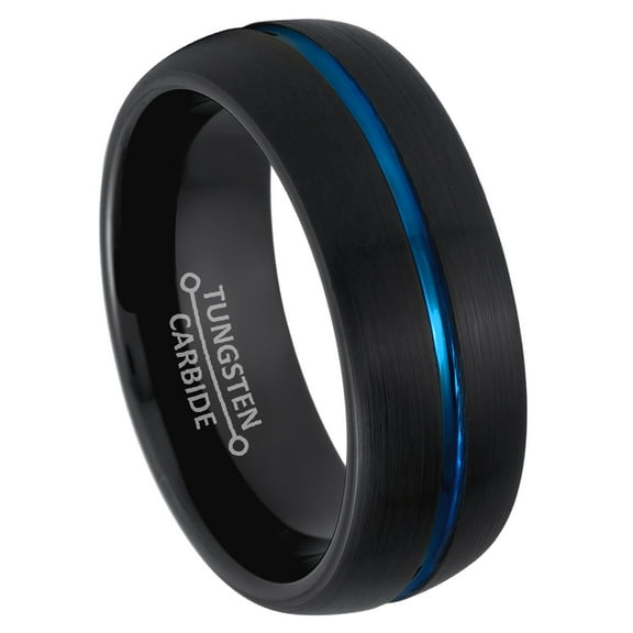 8mm Mens Black Tungsten Wedding Band, Grooved Center Comfort-Fit, Dome Promise Ring - TN989WAs10