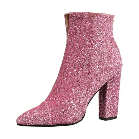 

Fauean Boots for Women Ladies Round Toe Sequins Casual Low Heel Ankle Boots Daily Wear Red Size 39