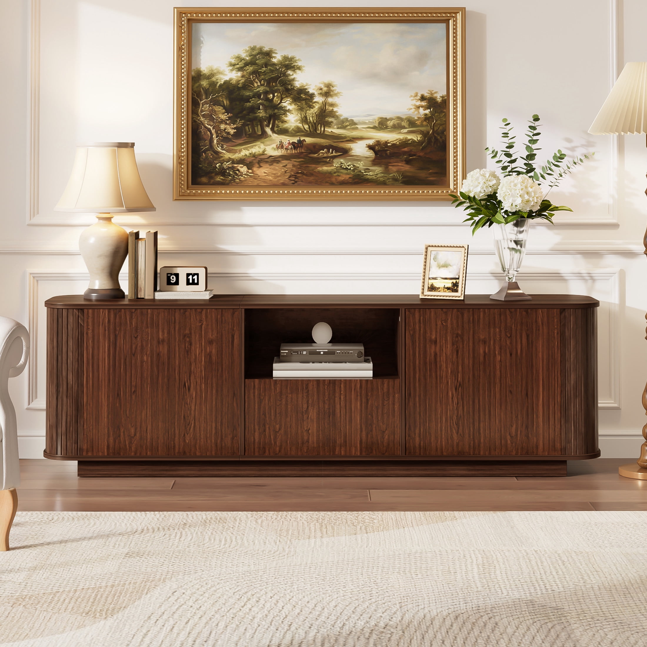 Noble House Modern TV Stand for TVs up to 80" with Ample Storage, Curved Corners, Dark Brown