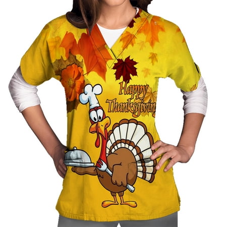 

Tarmeek Happy Thanksgiving Women Shirts V-Neck Scrub Tops Gobble Turkey T-Shirts Funny Graphic Tee Tops Fall Short Sleeve Blouse