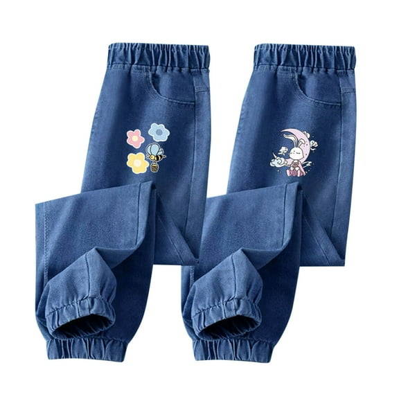 2 Pack Girls Casual Jeans Joggers Rabbit Printed Faux Denim Pants Elastic Waist Loose Pants with Pockcet Navy,5 Years