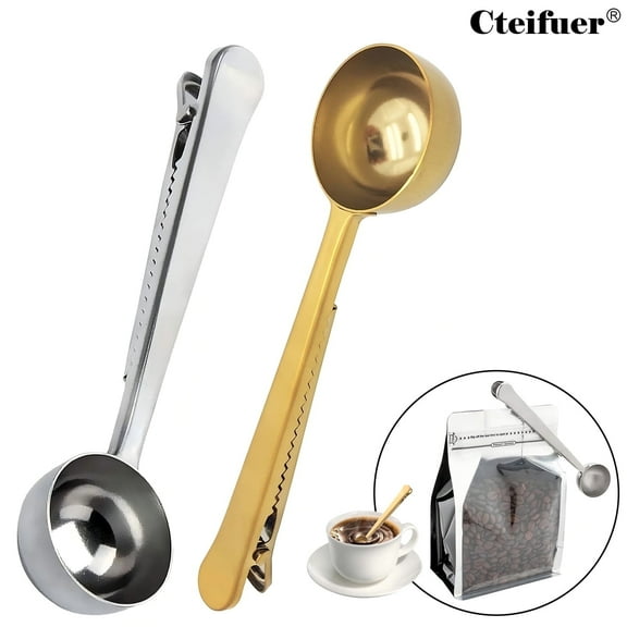 Cteifuer 2 Pack Coffee Scoop Clip: 2 in 1 Long Handle Stainless Steel Spoon - Measuring Spoon for Tea Coffee Kitchen Tools