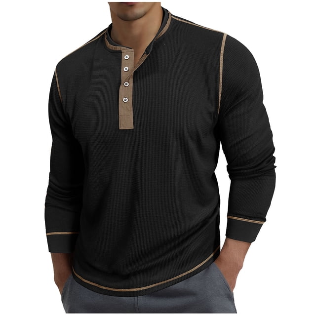 Long Sleeve Round Collar Waffle Knit Base Shirt for Men, Breathable Polyester Casual Top, Solid Color, Lightweight Spring Layering Shirt