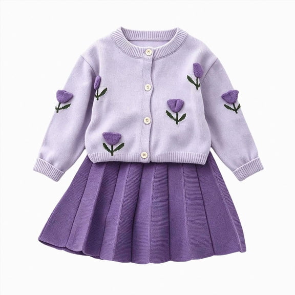 Cute Girls' And Winter Knitted Sweater Set With Flutter Sleeves And Dress 6 Years Purple