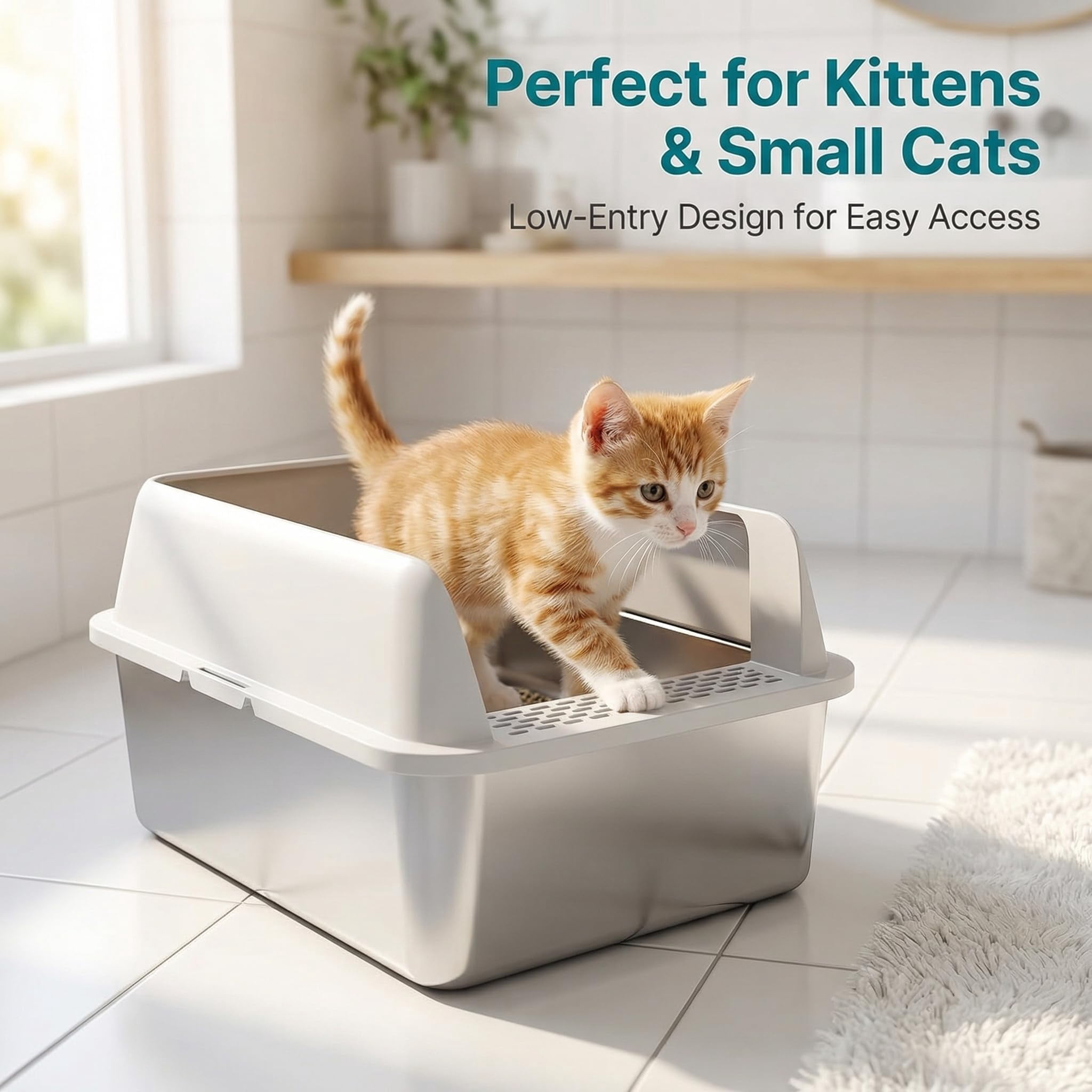 Stainless Steel Litter Box With Lid  Sifting For Pine Pellets 17.3"*13.4"*10.5" Enclosed Metal Boxes Small Cats & Kittens High Sided Anti-leakage Easy Cleaning Less Tracking