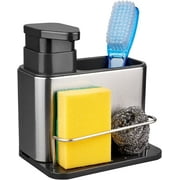 Distributeur de savon pour évier de cuisine, porte-éponge 3 en 1 pour évier de cuisine, plateau de rangement en acier inoxydable pour évier de cuisine, égouttoir, distributeur de savon à vaisselle antirouille porte-brosse comptoir