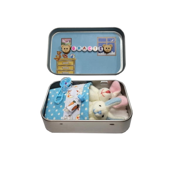 Little Pocket Bunny in a Tin Box – Mini Plush Keychain, Easter Basket Stuffer, DIY Pet Bunny Adoption Set, Cute Bunny Charm for Easter Gifts(Blue)