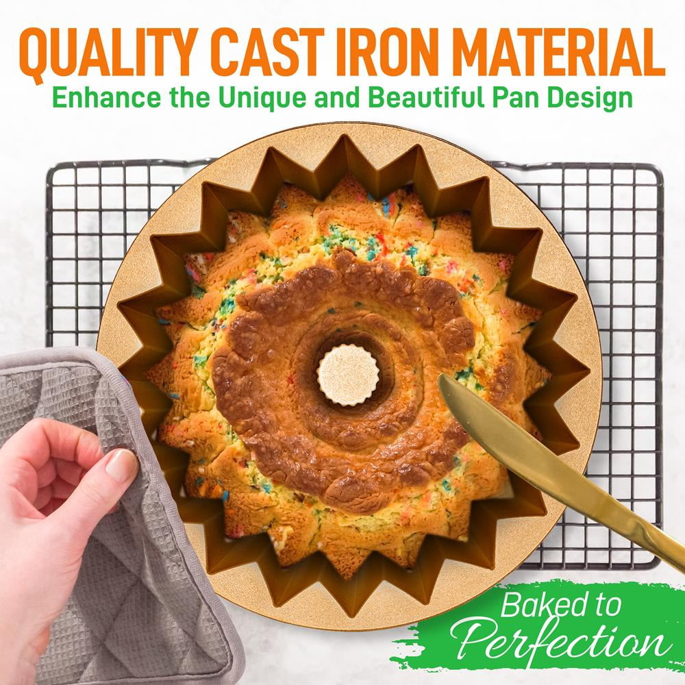 French Wreath Fluted Bundt Cake Pan, Extra Thick and Non Stick Aluminum Bakeware with 2 Layers of Non Stick Coating for Easier Release, Uniform Baking and Browning