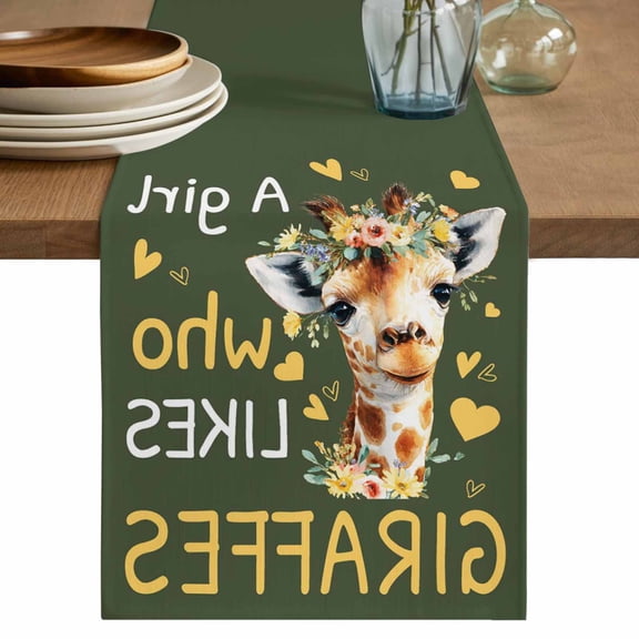Green Giraffe Cotton Linen Table Runner for Dining Kitchen, Love Heart Spring Floral Botanical Wedding Outdoor Party Tablerunners Decoration, Dresser Scarf Coffee Tablecloth Runners 13x60 Inches