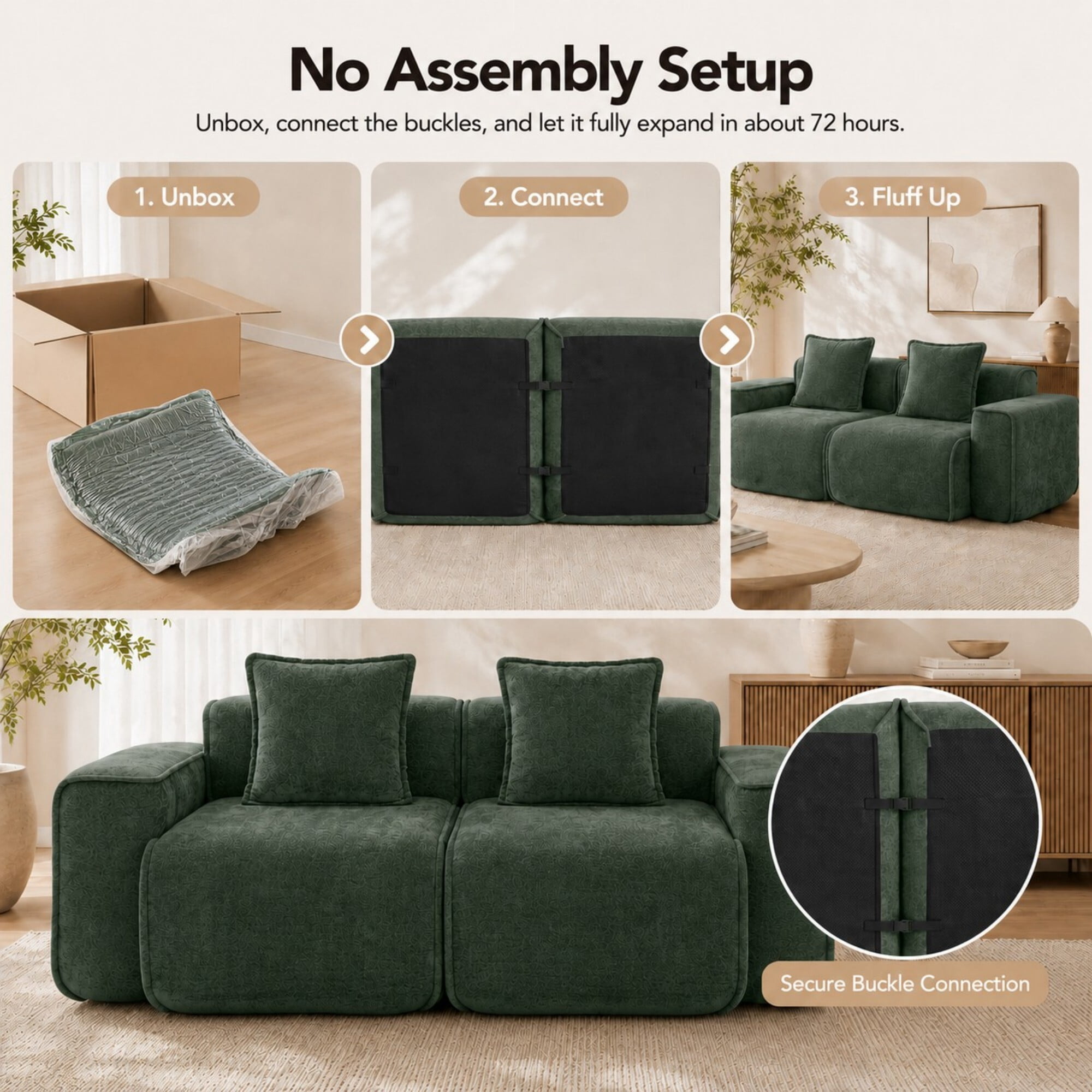 DEALTOPS 78.7" Modern 2-Seater Velvet Boneless Cloud Sofa Couch, Modular Loveseat with 2 Pillows, Sage Green