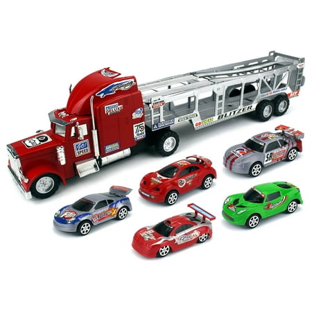 Speed Blitzer Trailer Children's Friction Toy Truck Ready To Run Big Size w/ 5 Toy Cars, No Batteries Required (Colors May