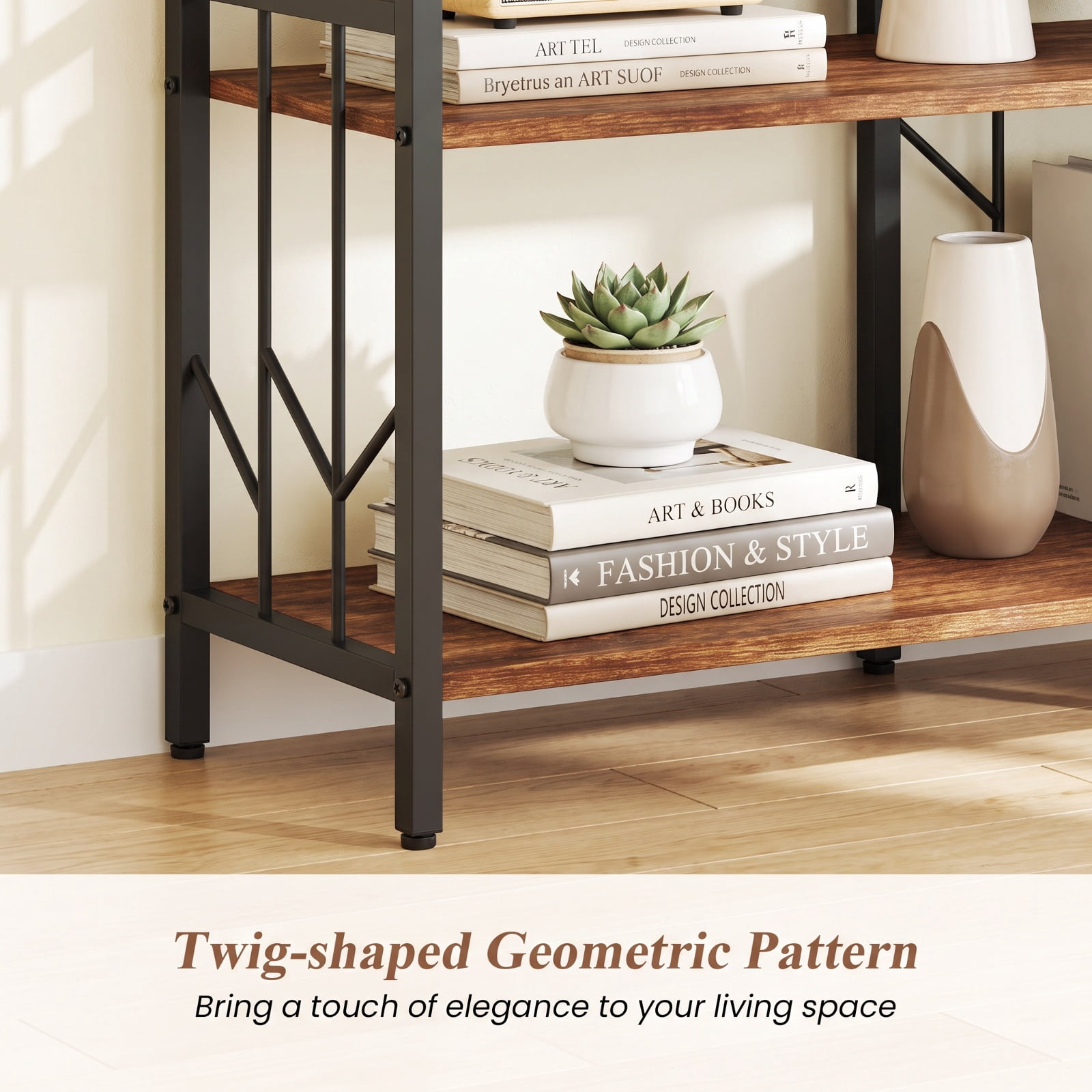 Furnibear 6-Tier Bookshelf Modern Geometric Bookcase with Heavy-duty Metal Frame and Anti-tipping Kits for Living Room Home Office, Rustic Brown