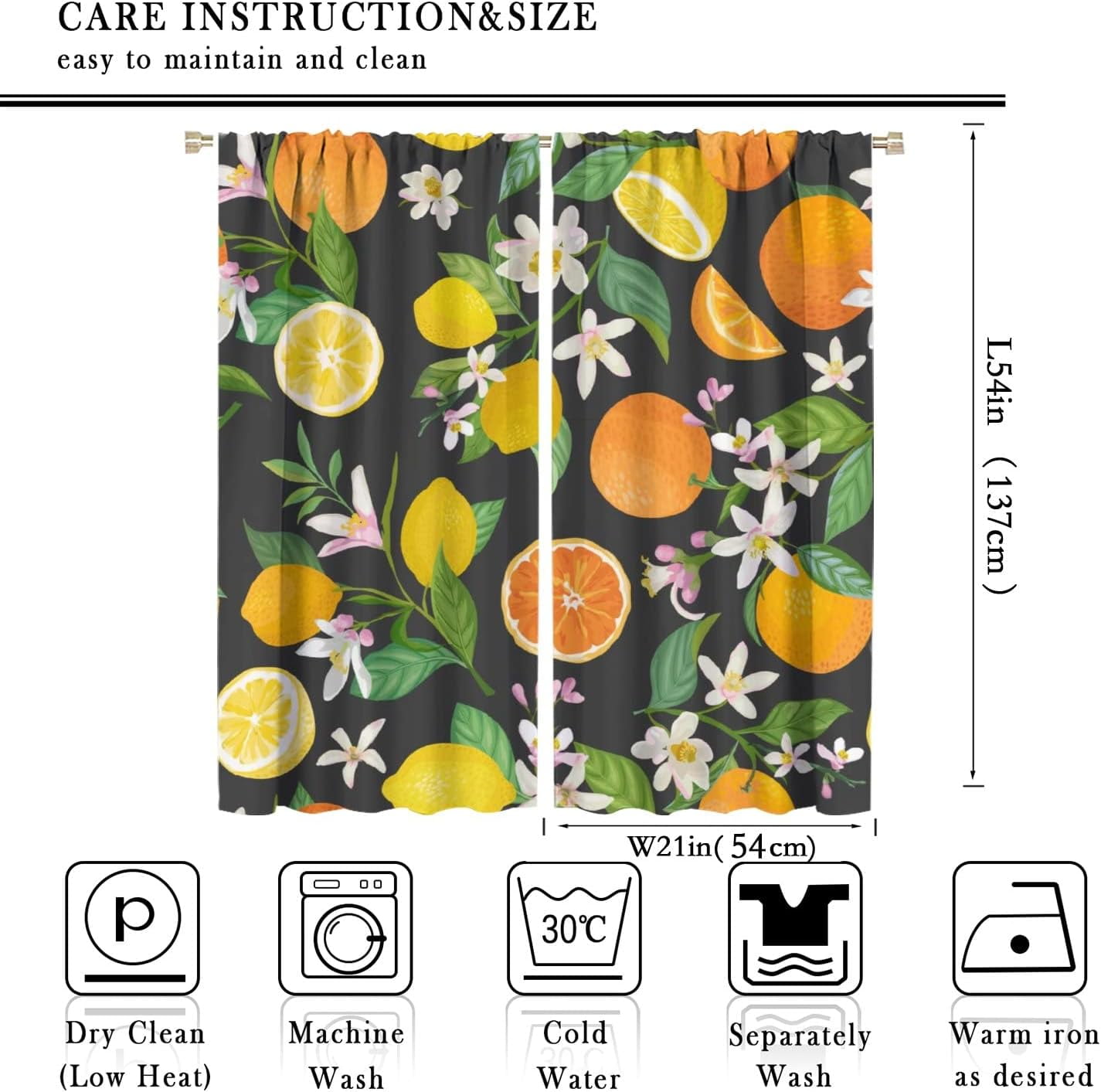 Fruit Lemon Curtains, Tropical Floral Citrus Black Summer Nature Vintage Watercolor, Bedroom Living Room Decor Room Noise Reduction Darkening, 2 Sets of Panels, 42x54 in.