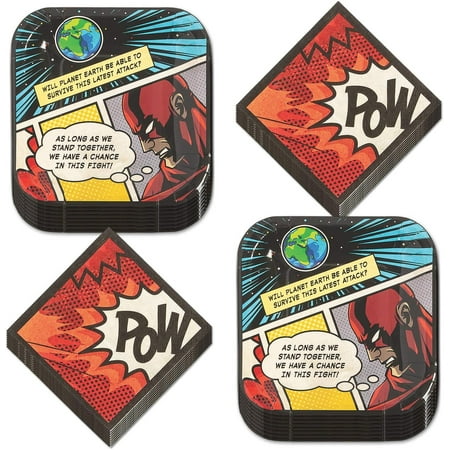 Comic Superhero Party Supplies - Dessert Plates and Beverage Napkins for Hero Birthday Party (Serves 16)