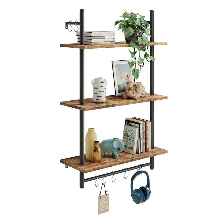 Bestier 38 inch Wall Mounted Floating Shelves with Towel Bar & Hooks  Bookshelf in Rustic