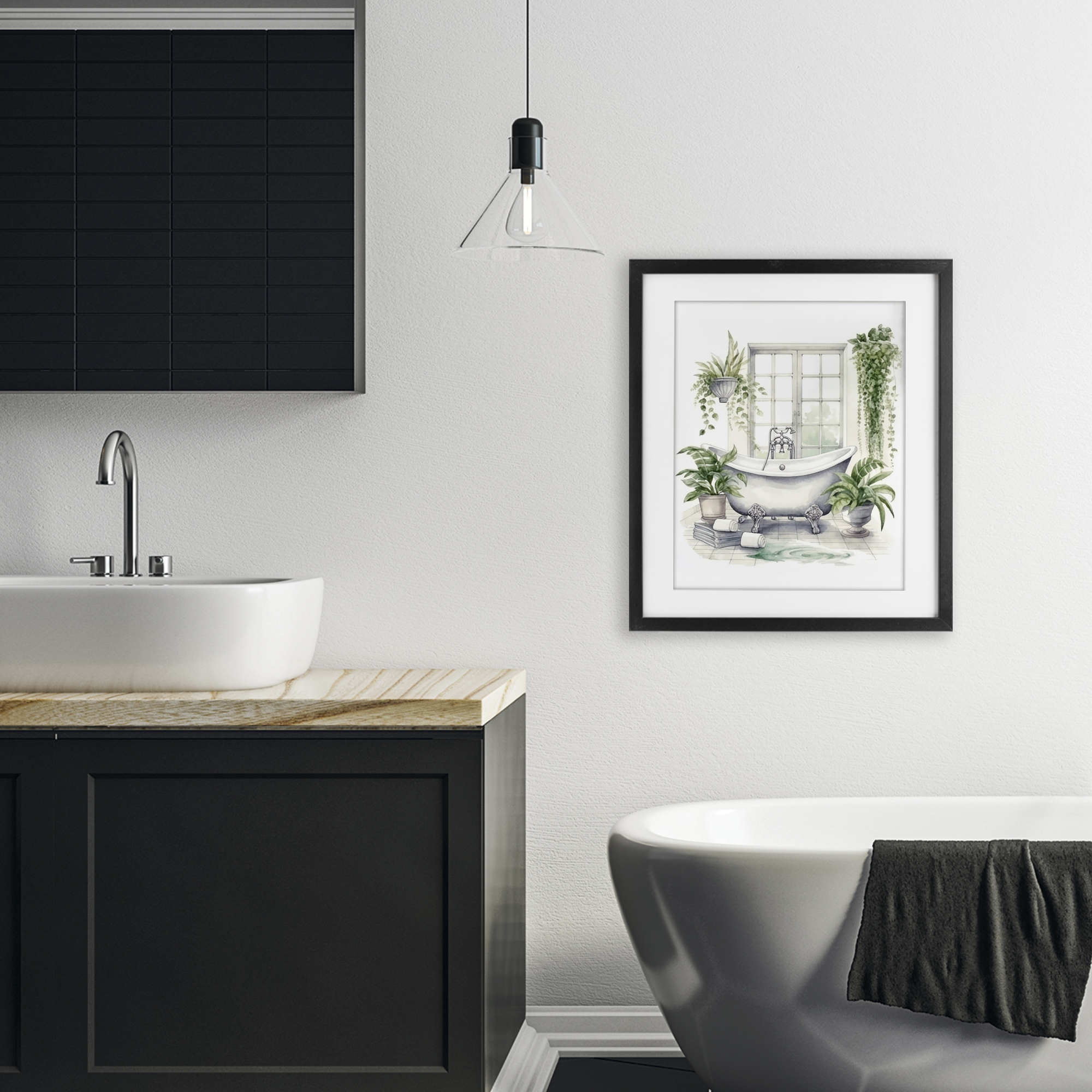 Lush Greenery Bathtub & Window Black Framed Print Under Glass, design by Lettered and Lined