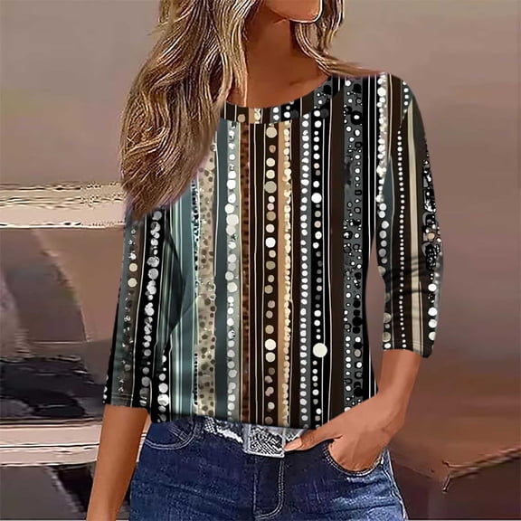 Jsaierl Womens 3/4 Sleeve Tops Casual Crew Neck Shirts Fashion Print Petite Blouses Going Out Cotton T-shirts Top S-5XL