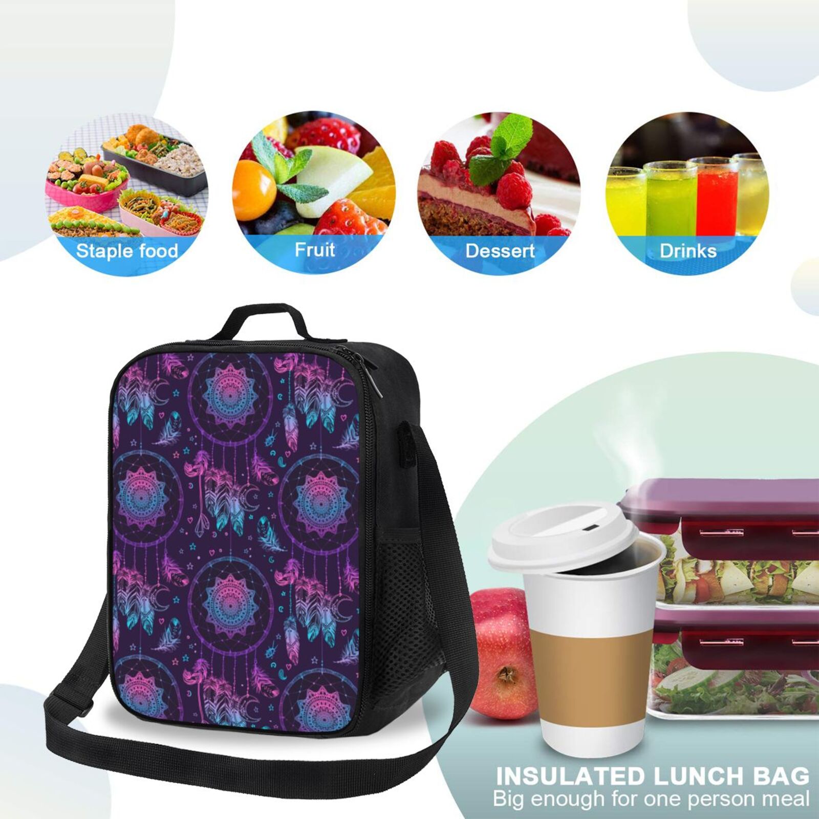 Xecao Purple Dreamcatcher1 Print Lunch Bag - Durable, Double-Insulated Lunch Bag, Holds Lunch Box, Water Bottle, & Snacks,Leakproof Cooler Tote Bag
