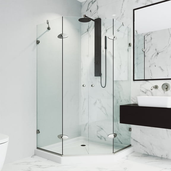 VIGO Gemini 47 in. L x 47 in. W x 77 in. H Frameless Hinged Neo-angle Shower Enclosure Kit in Brushed Nickel with Clear Glass