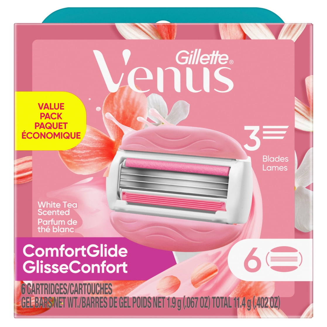 Venus ComfortGlide 3 White Tea Women's Razor Blade Refills, 6 Count